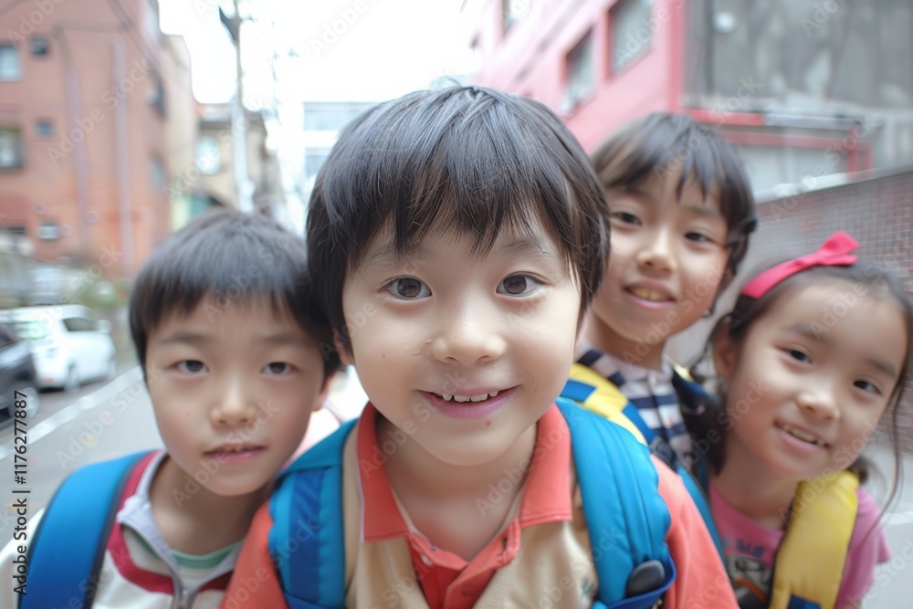 Group of asian children with backpack looking at camera in the street Group of asian children with backpack looking at camera in the street