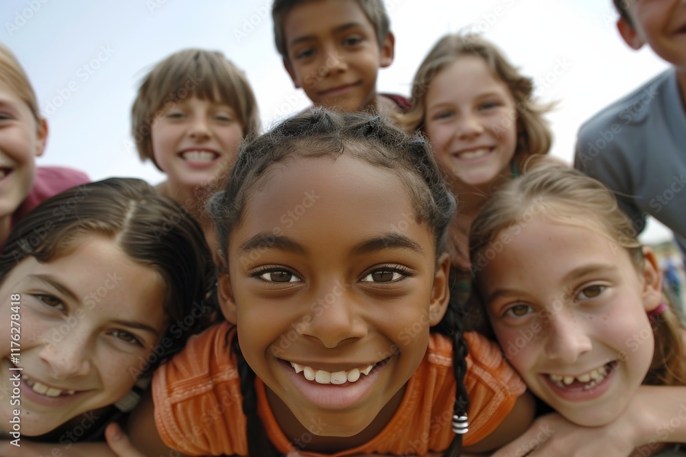 Group Of Children Looking At Camera And Smiling In The Park Together Group Of Children Looking At Camera And Smiling In The Park Together