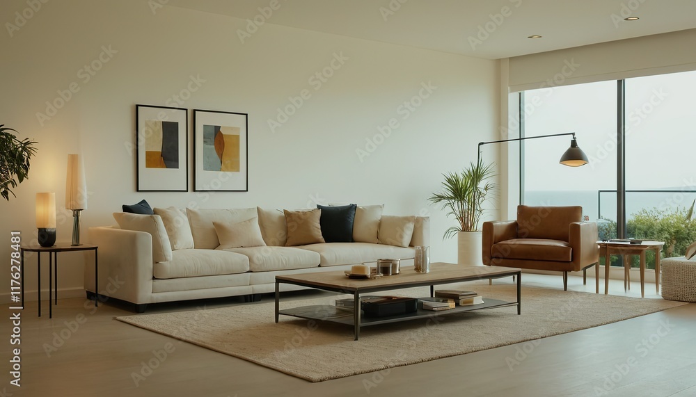 Fototapeta premium Modern Scandinavian home interior design characterized by an elegant living room featuring a comfortable sofa, mid century furniture, cozy carpet, wooden floor, white walls, and home plants. 12