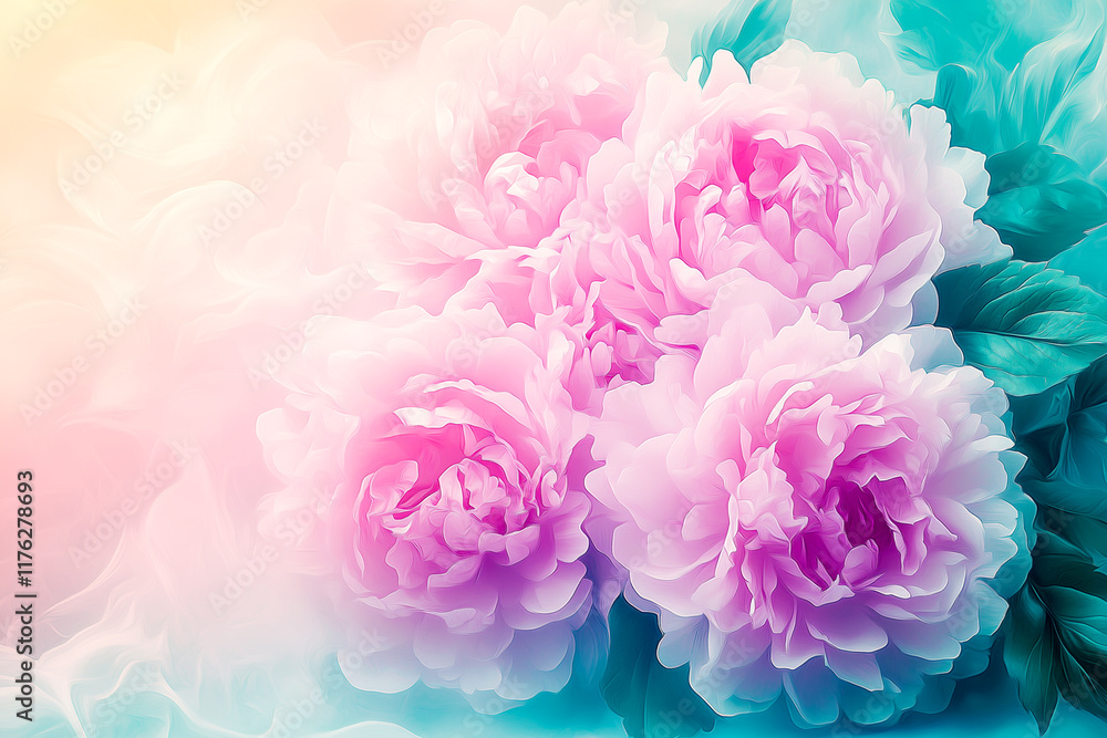 A close up of three pink flowers with a blue background. The flowers are arranged in a way that they are almost touching each other. The background is a mix of blue and pink, creating a soft A close up of three pink flowers with a blue background. The flowers are arranged in a way that they are almost touching each other. The background is a mix of blue and pink, creating a soft