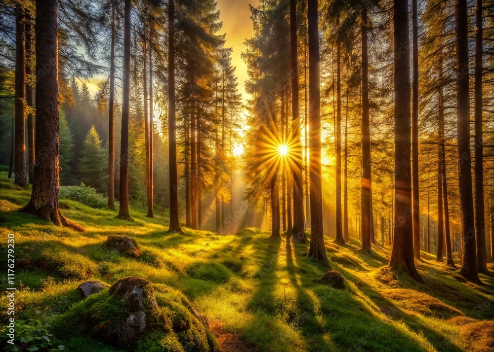 Fototapeta premium Minimalist Summer Sunset: Golden Rays Filtering Through Mountain Forest