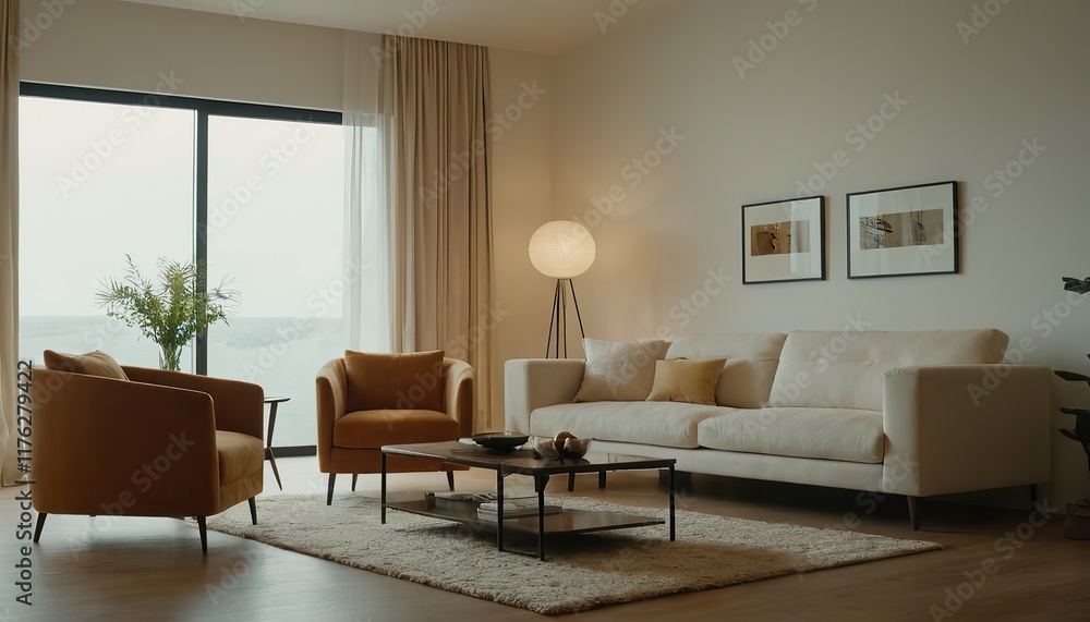 Modern Scandinavian home interior design characterized by an elegant living room featuring a comfortable sofa, mid century furniture, cozy carpet, wooden floor, white walls, and home plants. 3 Modern Scandinavian home interior design characterized by an elegant living room featuring a comfortable sofa, mid century furniture, cozy carpet, wooden floor, white walls, and home plants. 3