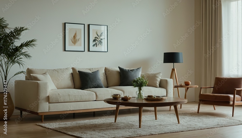 Fototapeta premium Modern Scandinavian home interior design characterized by an elegant living room featuring a comfortable sofa, mid century furniture, cozy carpet, wooden floor, white walls, and home plants. 2