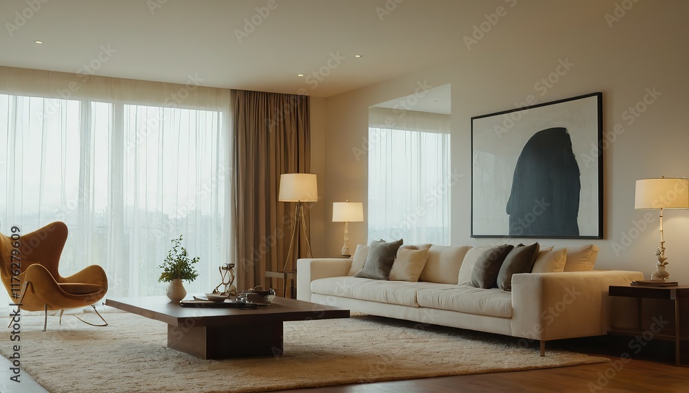 Fototapeta premium Beautiful and large living room interior with hardwood floors, fluffy rug and designer furniture. 