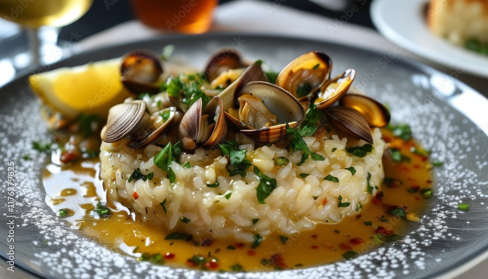 Creamy Clam Risotto with Fresh Clams and Lemon Garnish on Elegant Plate Creamy Clam Risotto with Fresh Clams and Lemon Garnish on Elegant Plate
