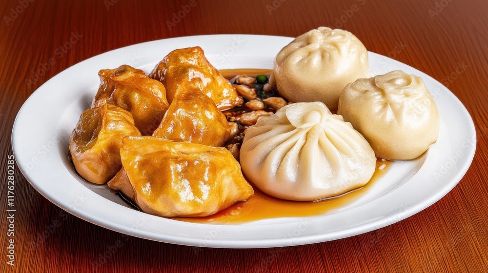 A plate of dumplings served with sauce and garnishes. A plate of dumplings served with sauce and garnishes.