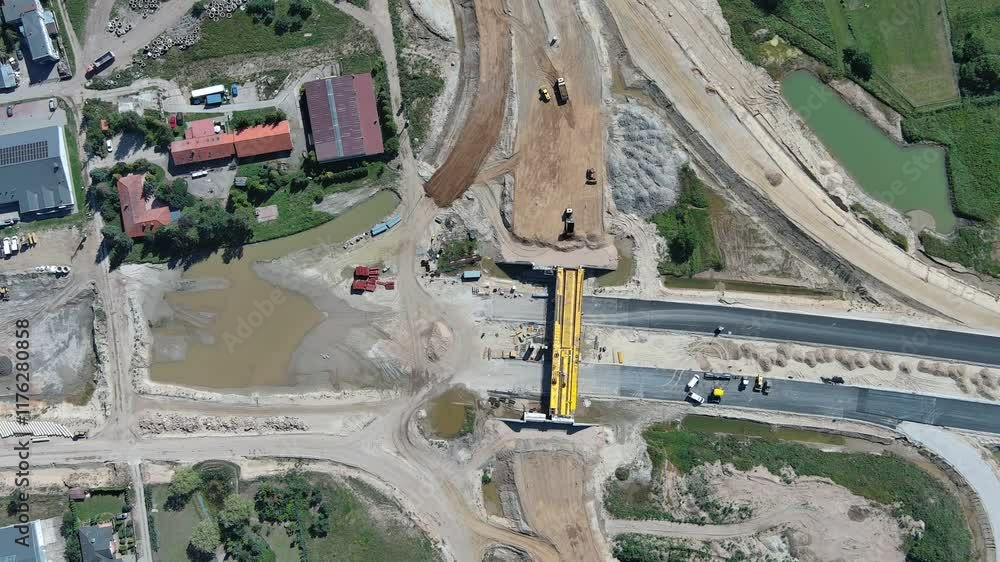 Descending Drone View: Bridge Construction Ready for Load-Bearing Structure Pouring Descending Drone View: Bridge Construction Ready for Load-Bearing Structure Pouring