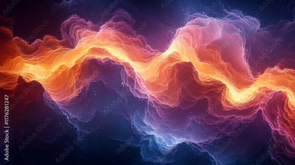 Fototapeta premium Abstract cosmic landscape with vibrant, swirling nebulae in orange, purple, and blue hues.