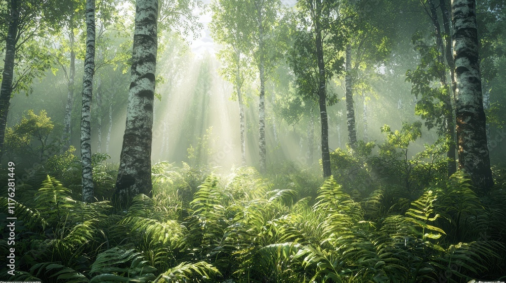 Obraz premium Sunbeams in a Misty Birch Forest