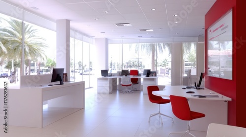 Modern office space with red accents and large windows.