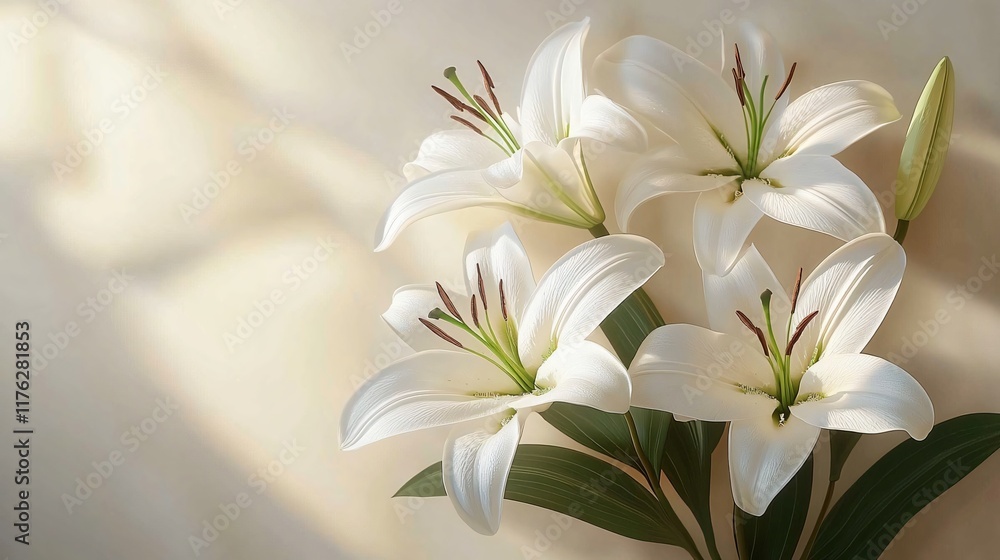 Elegant white lilies arranged on a light beige surface, ideal for calming designs, wedding invites, or Mother’s Day greetings. Emphasizes nature's beauty. Elegant white lilies arranged on a light beige surface, ideal for calming designs, wedding invites, or Mother’s Day greetings. Emphasizes nature's beauty.