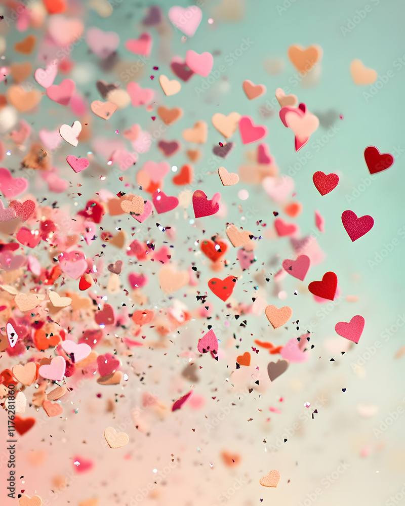 A vibrant explosion of colorful hearts creating a festive and romantic atmosphere. A vibrant explosion of colorful hearts creating a festive and romantic atmosphere.