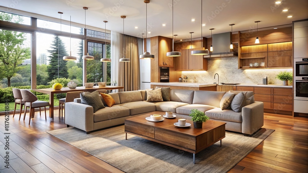 Modern Open-Plan Living Room & Kitchen Interior Design, Warm Lighting, Contemporary Home Modern Open-Plan Living Room & Kitchen Interior Design, Warm Lighting, Contemporary Home