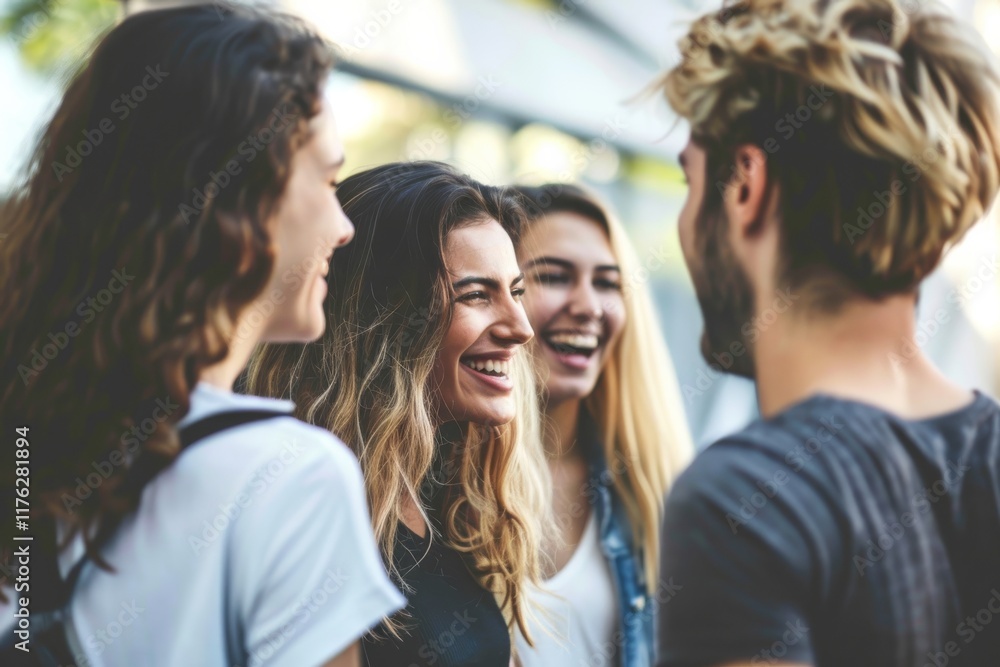 Group of friends talking and laughing together in the city. Group of young people having fun outdoors. Group of friends talking and laughing together in the city. Group of young people having fun outdoors.