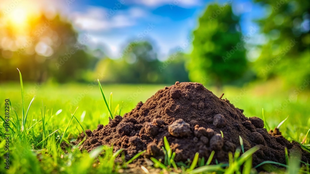 Fototapeta premium Molehill in Lush Green Grass, Nature Close-Up, Wildlife Evidence, Spring Meadow