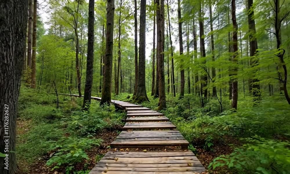 A wooden pathway leads through a serene forest inviting exploration and connection with nature A wooden pathway leads through a serene forest inviting exploration and connection with nature
