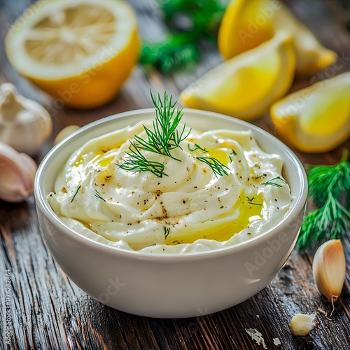 Close-up of a bowl with white mayonnaise with a drizzle of olive oil, garnished with chopped dill, surrounded by garlic cloves and lemon wedges, on a dark wooden table photo