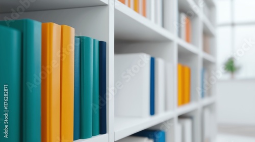 A close-up view of colorful books on a white shelf, illustrating the beauty of literature in a modern setting. Perfect for promoting reading and educational environments. photo