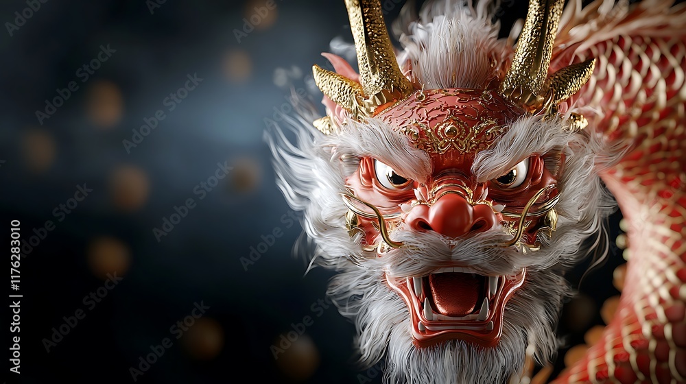 Naklejka premium Glowing and Ornately Decorated Traditional Chinese Dragon Head with Vibrant Red and Gold Accents Showcasing the Mythical Creature s Legendary and Auspicious Symbolism in Asian Culture and Ceremony