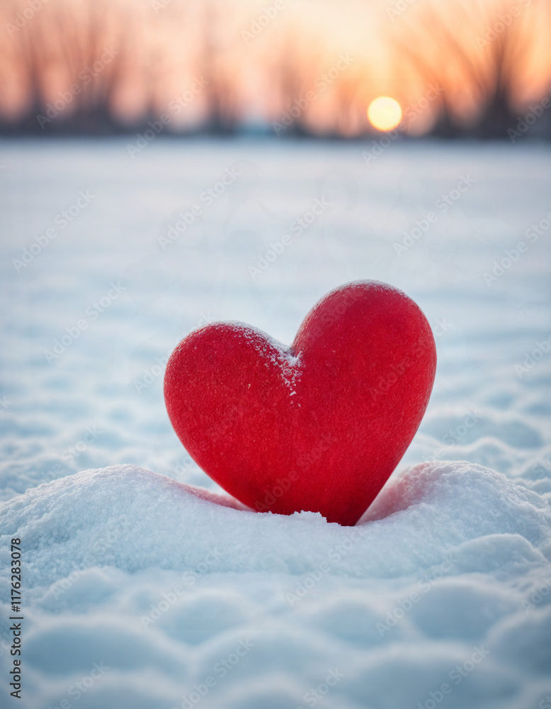 February 14 postcard, red heart on the snow among blurry lights, space for text February 14 postcard, red heart on the snow among blurry lights, space for text