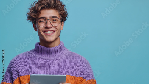 Contemporary portrait of smiling student man wearing sweater with digital tablet, Modern education lifestyle with mobile device concept