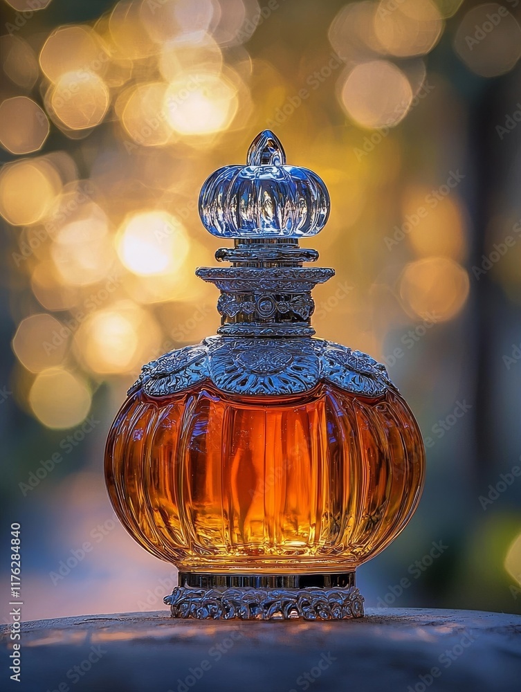 A beautifully designed perfume bottle with an ornate cap, set against a backdrop of softly blurred golden lights. A beautifully designed perfume bottle with an ornate cap, set against a backdrop of softly blurred golden lights.