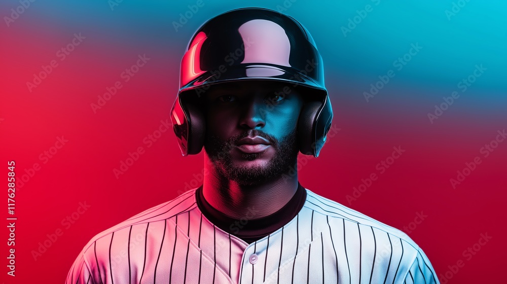A dynamic portrait of a baseball player in a striking helmet. The contrasting light creates a powerful atmosphere, capturing the spirit of competition and athleticism. A dynamic portrait of a baseball player in a striking helmet. The contrasting light creates a powerful atmosphere, capturing the spirit of competition and athleticism.