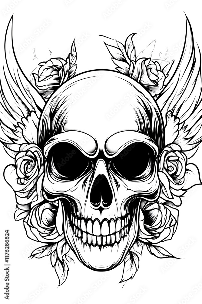 A skull with wings and roses surrounding it A skull with wings and roses surrounding it