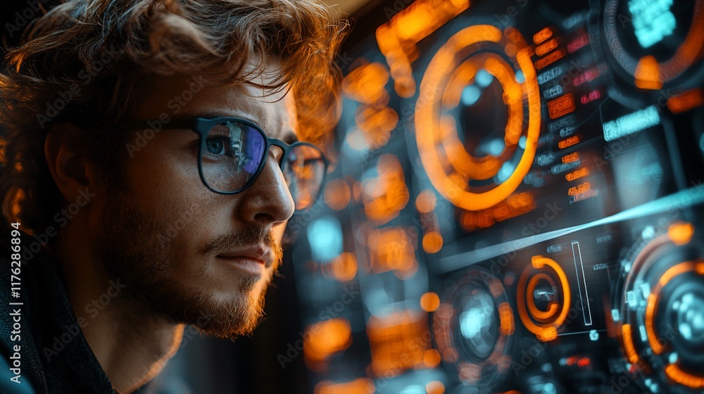Naklejka premium Focused young man with glasses analyzing futuristic data on a digital screen.