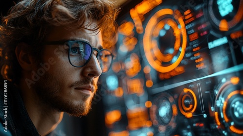 Focused young man with glasses analyzing futuristic data on a digital screen.