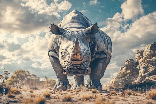 Powerful javan rhinoceros standing in a dry landscape in ujung kulon national park, indonesia photo