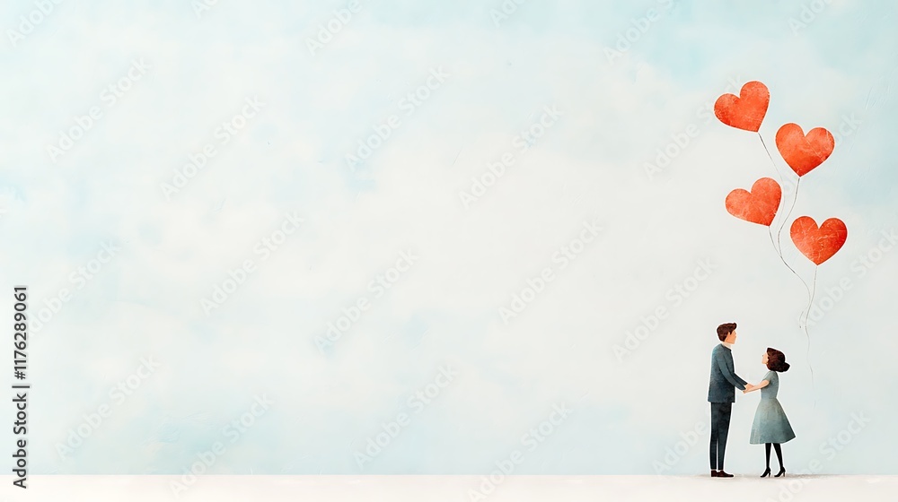 Romantic valentine's day scene couple holding hands with heart balloons in soft background Romantic valentine's day scene couple holding hands with heart balloons in soft background