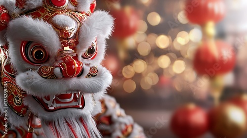 Magnificent Lion Dancers Performing Their Intricate Routine Amidst the Vibrant Glow of Ornamental Lanterns at a Captivating Traditional Chinese Festival