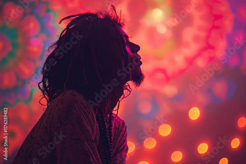 Young man with dreadlocks in silhouette against colorful, psychedelic background