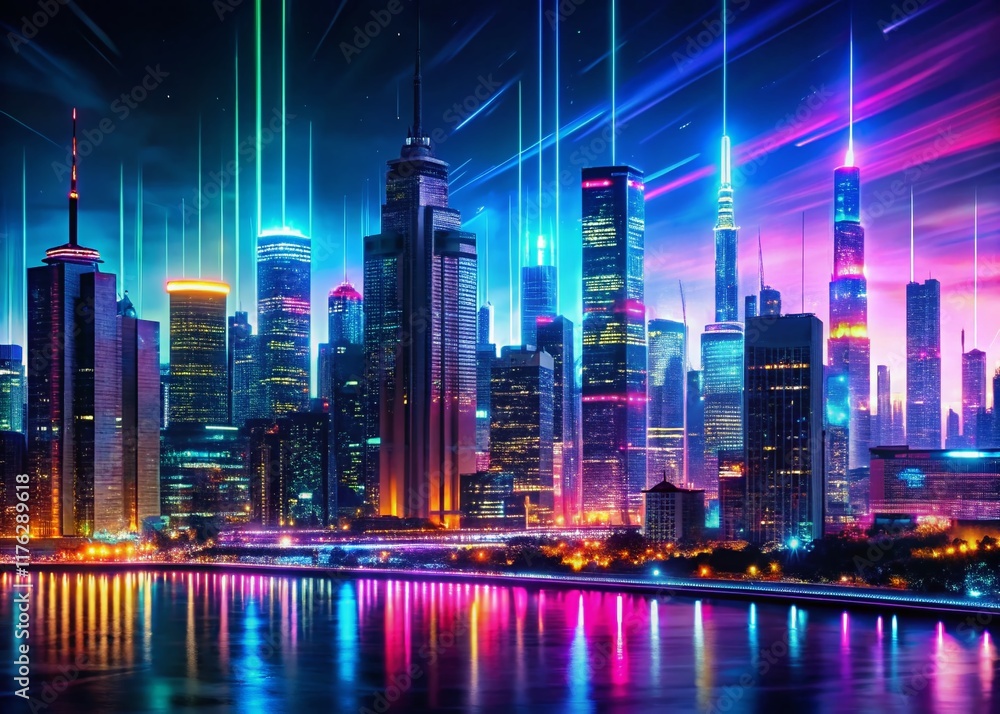 Fototapeta premium Panoramic Night Cityscape Glitch VHS Retro Aesthetic Stock Photo