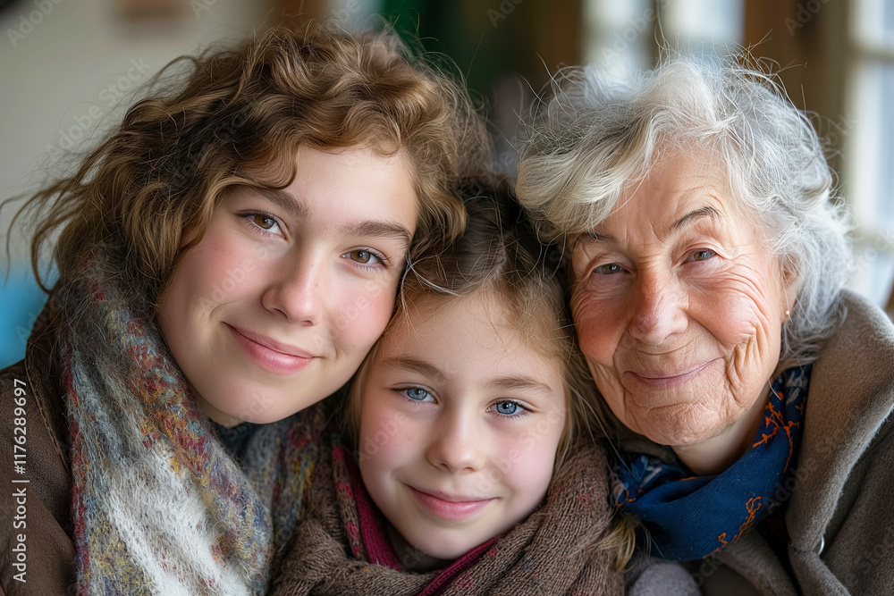 Three generations of women smiling: young adult, child, and elderly woman together Three generations of women smiling: young adult, child, and elderly woman together