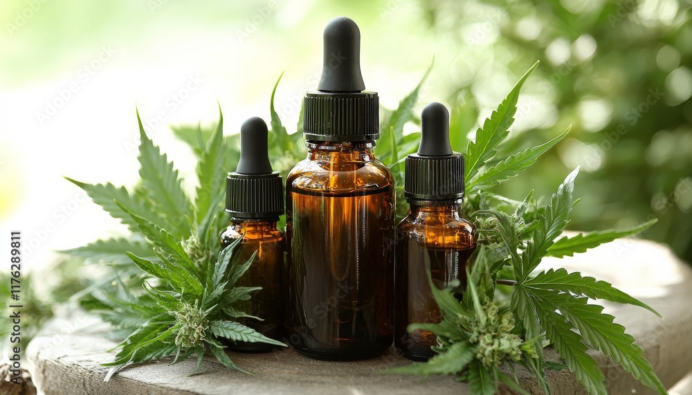 Fototapeta premium Three amber dropper bottles surrounded by green cannabis leaves, symbolizing natural wellness and holistic remedies.