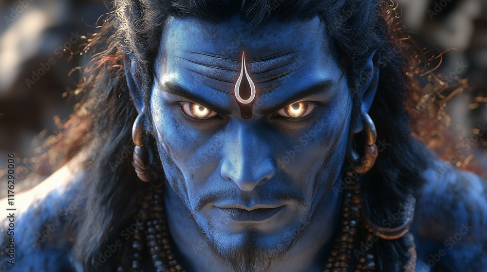 A detailed digital rendering of a blue-skinned deity, showcasing intense eyes and traditional adornments, symbolizing strength and spirituality. A detailed digital rendering of a blue-skinned deity, showcasing intense eyes and traditional adornments, symbolizing strength and spirituality.