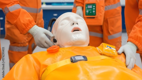 A medical training scene featuring lifelike manikin used for practicing emergency response. Instructors guide learners on techniques in a clinical environment.