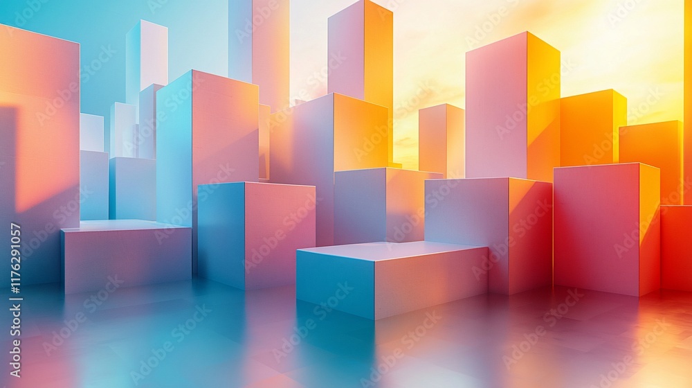 Obraz premium Abstract city skyline at sunset with colorful blocks.