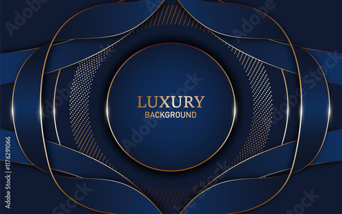 Elegant abstract design with a navy blue background. The centerpiece is a circular element, overlapping ribbons and curved patterns in dark blue tones with gold accents.  Vector illustration