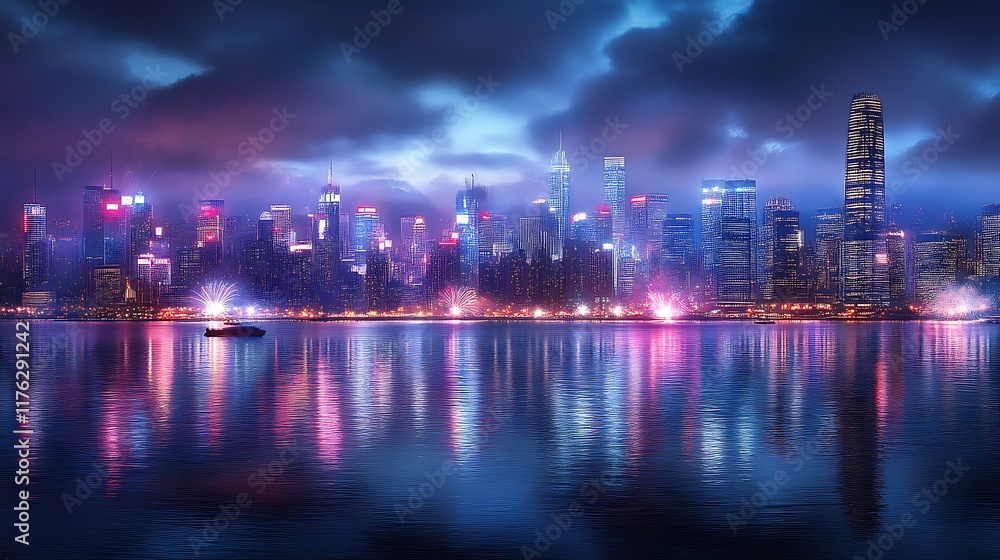 Fototapeta premium Night City Skyline Fireworks Reflecting Water