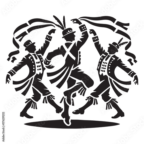 Morris Dance Silhouette Vector Illustration, Solid White Background.