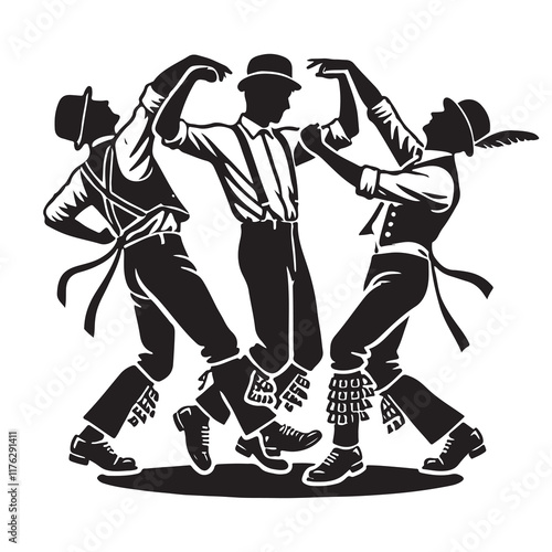 Morris Dance Silhouette Vector Illustration, Solid White Background.