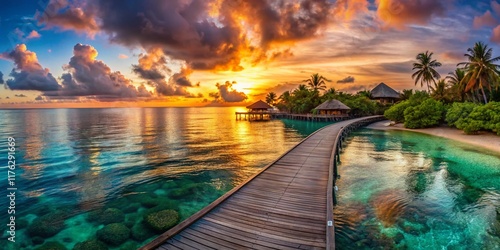Fototapeta Naklejka Na Ścianę i Meble -  Panoramic View of Idyllic Maldivian Embarcadero at Sunset