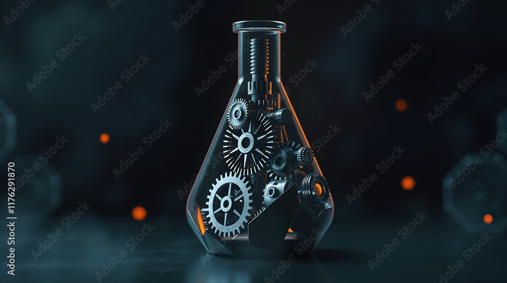 Science and Engineering Concept with Glass Laboratory Flask containing Mechanical Gears on Dark Background with Bokeh Light Effects Science and Engineering Concept with Glass Laboratory Flask containing Mechanical Gears on Dark Background with Bokeh Light Effects