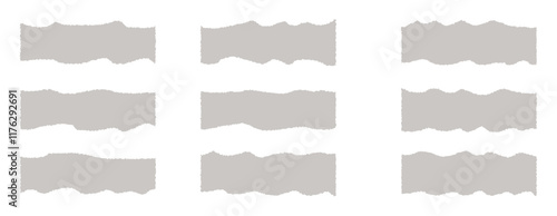 Set of white torn or ripped paper strip, sticky note and damaged newspaper cutout for social media. Ripped business banner. Torn scrap note with paint brush stroke texture. Vector illustration