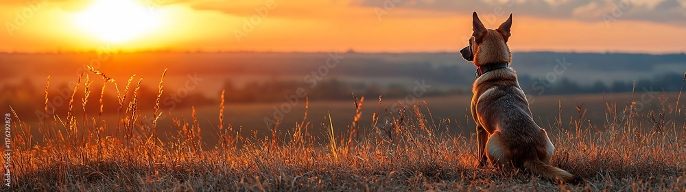 Dog sitting in field at sunset. Dog sitting in field at sunset.