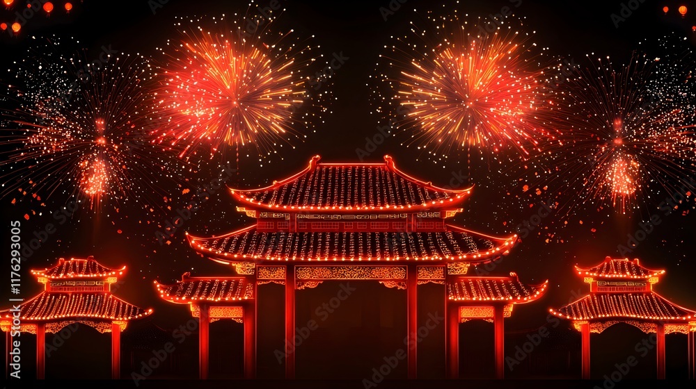 Vibrant Fireworks Over Traditional Asian Architecture Vibrant Fireworks Over Traditional Asian Architecture