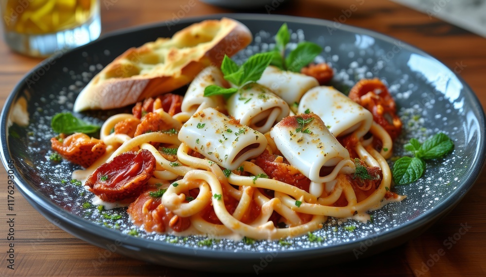 Delicious Calamari Pasta Dish with Fresh Herbs and Toasted Bread on Rustic Wooden Table Delicious Calamari Pasta Dish with Fresh Herbs and Toasted Bread on Rustic Wooden Table